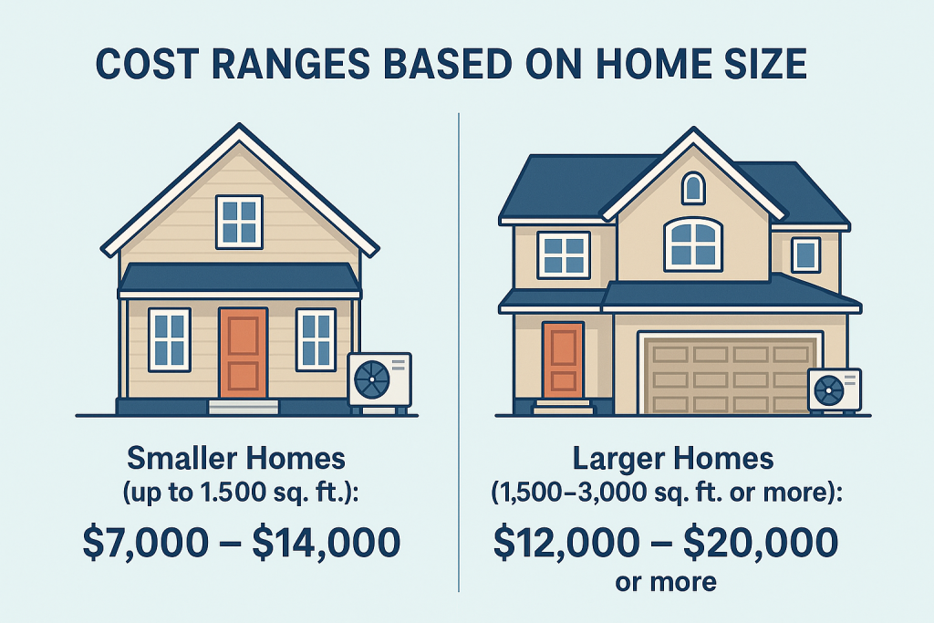 A cost comparison chart showing the installation costs of heat pumps based on home size