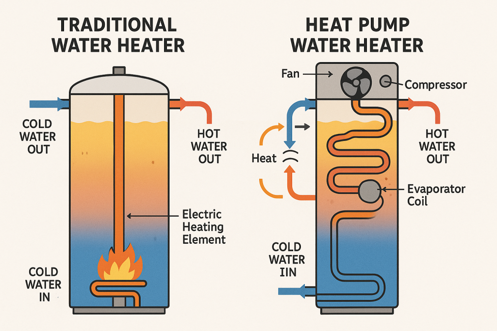 An image showing a comparison between a traditional water heater and a heat pump water heater 