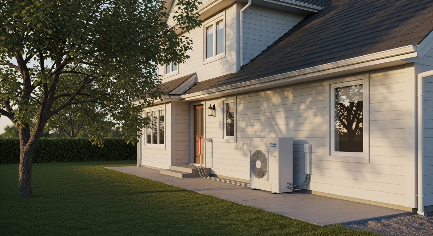 A new heat pump installed outside of a home with white siding and a green lawn.