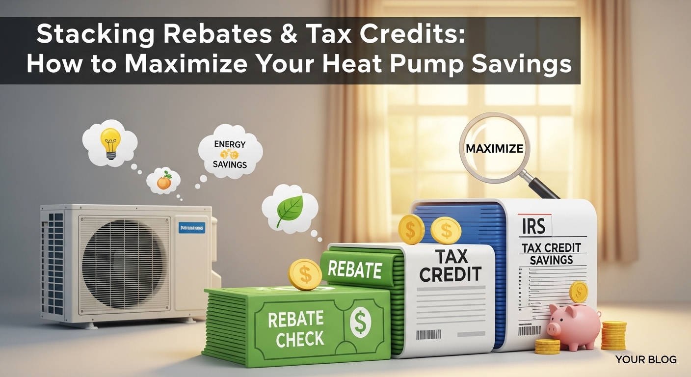 Stacks of checks labeled rebate checks and tax credits with a heat pump in the background, demonstrating home upgrade savings.