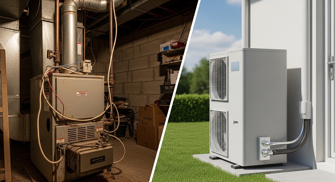 A side-by-side comparison of a gas furnace and an electric heat pump split down the middle.